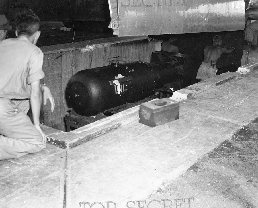 Little Boy ready to be lifted into the Enola Gay